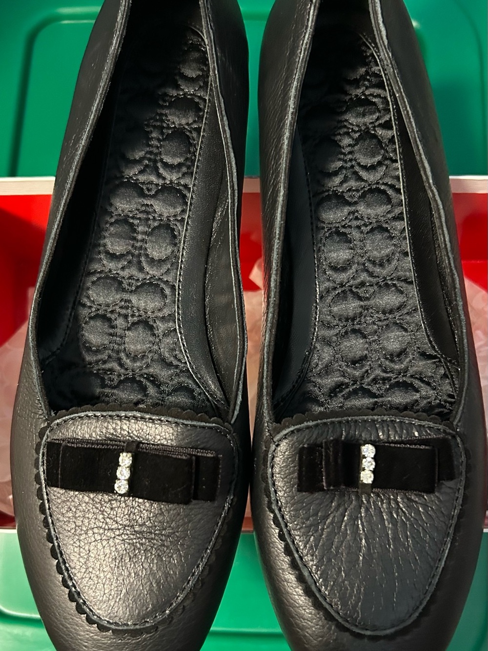Coach Black Leather Bow-Accent Quilted Insole Flats